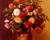 Still Life Of Dahlias In A Vase - 约翰·劳伦茨·延森